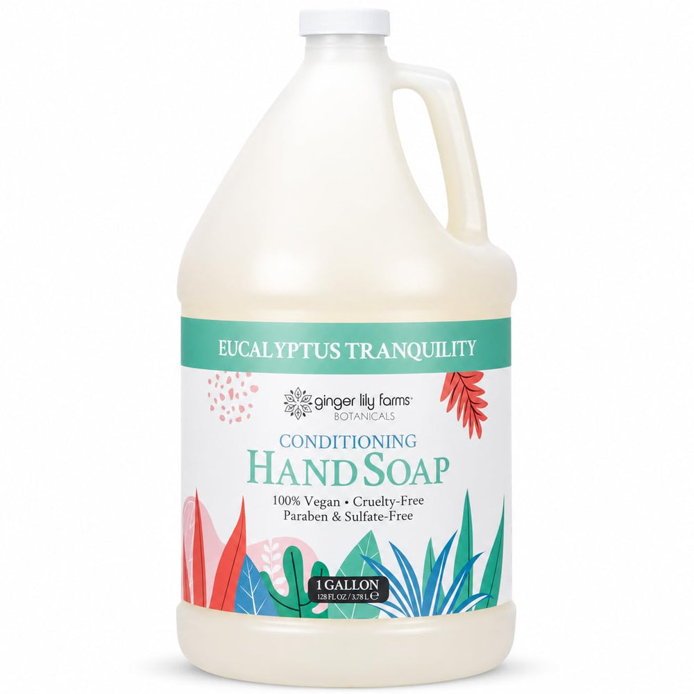 Ginger Lily Farms front packaging showing 128oz refill and clean branding benefits