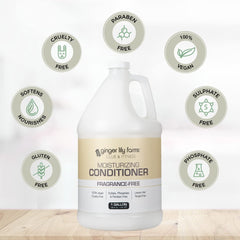 Shower dispenser in gym locker room filled with Ginger Lily Farms conditioner