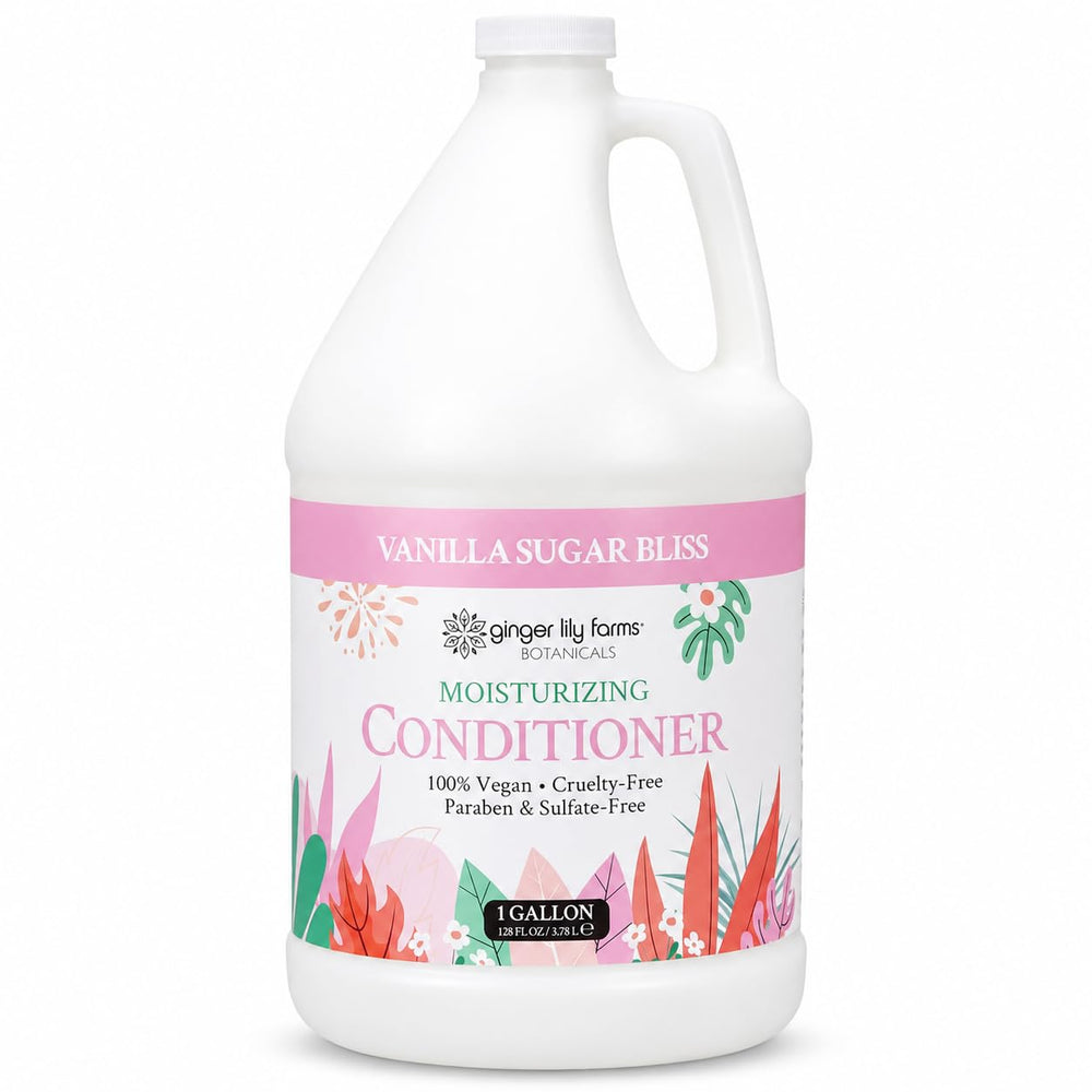 Ginger Lily Farms gallon front view showing product and easy-pour handle benefit