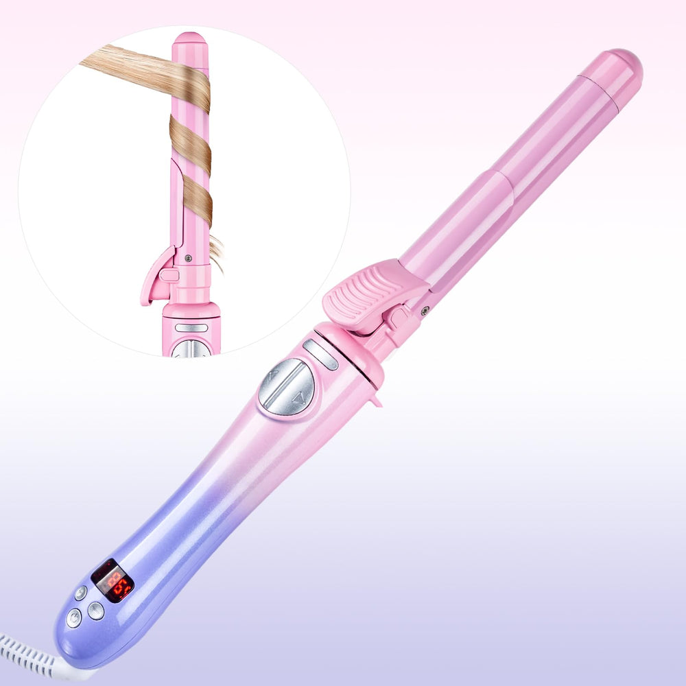 GLIGAM front view rotating curling iron showing ergonomic handle and barrel for fast styling