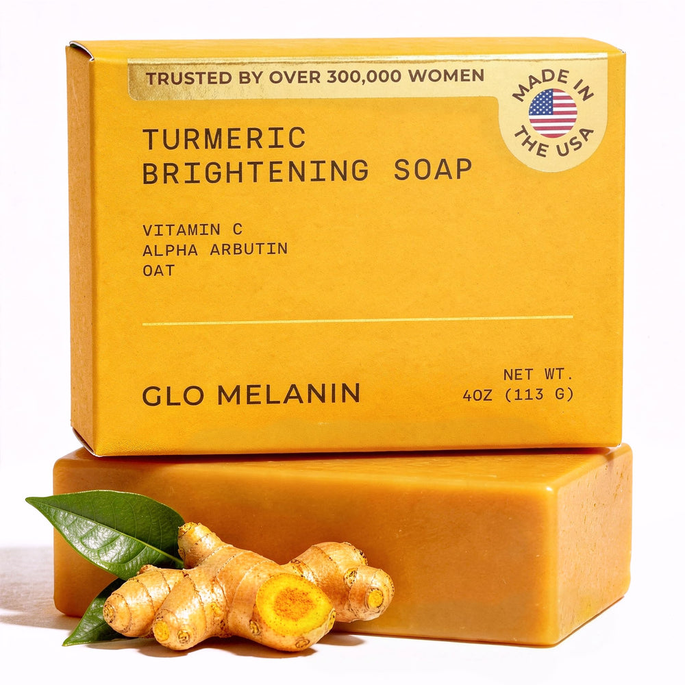 Glo Melanin front packaging showing turmeric soap benefits and clear labeling