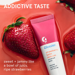 Glossier balm applied on lips showing subtle jammy pink tint benefit