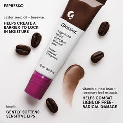 Glossier balm being applied to lips for warm mocha color and long-lasting hydration