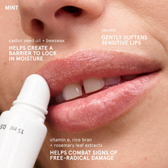 Glossier Balm Dotcom mint on lips providing cooling relief and conditioned look