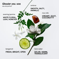 Glossier You Soie bottle held in hand to show real-life scale and pocket portability benefit
