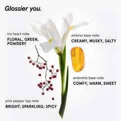 Glossier balm texture close-up showing wax swipe and creamy finish benefit: smooth layering