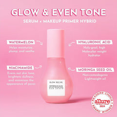 Glow Recipe pump dispensing a clear drop highlighting lightweight texture and quick absorption benefit