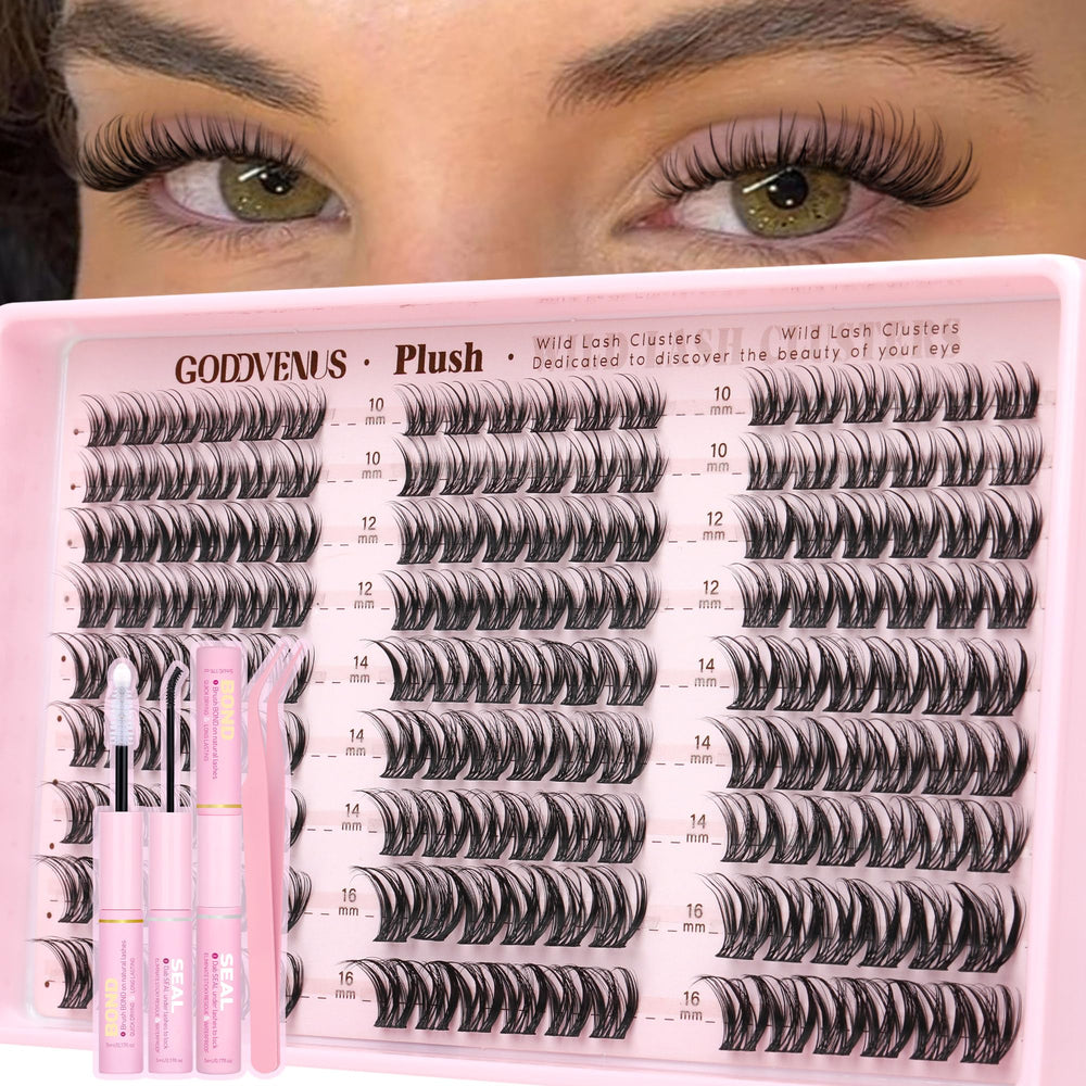 Goddvenus front packaging showing full plush lash clusters kit and contents