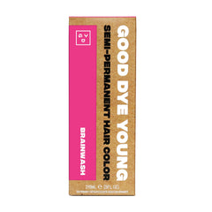 Good Dye Young front packaging showing Brainwash pink tube and branding benefits