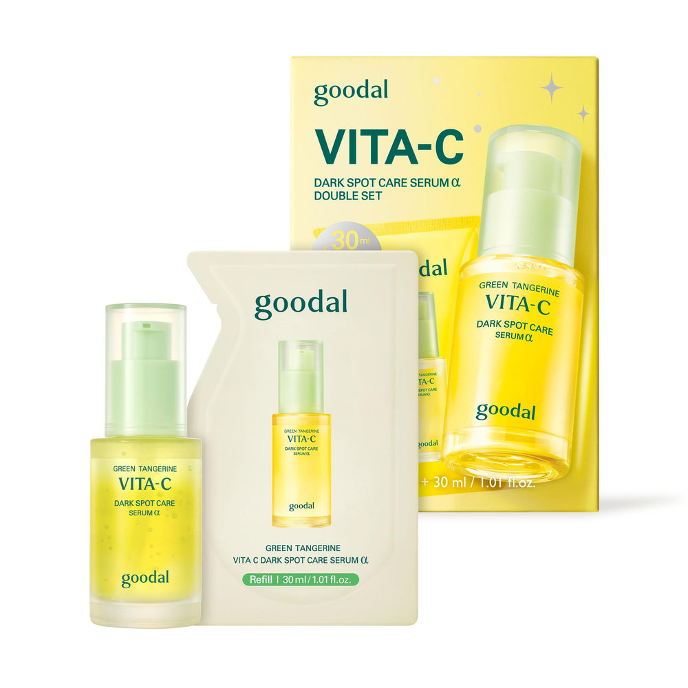 GOODAL front packaging showing full-size serum and refill, highlights eco-friendly refill benefit