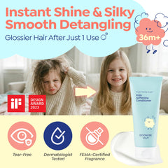 GOONGBE shampoo pouring into a hand showing gentle, tear‑tested cleansing