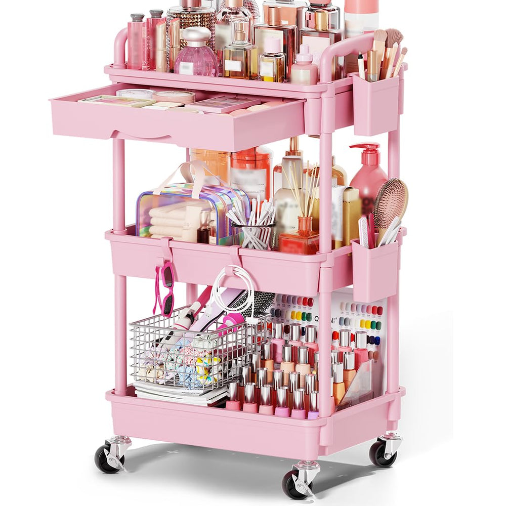 Goovilla front overview in pink showing full cart and organized makeup - saves space