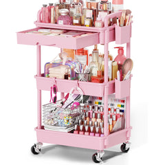 Goovilla front overview in pink showing full cart and organized makeup - saves space
