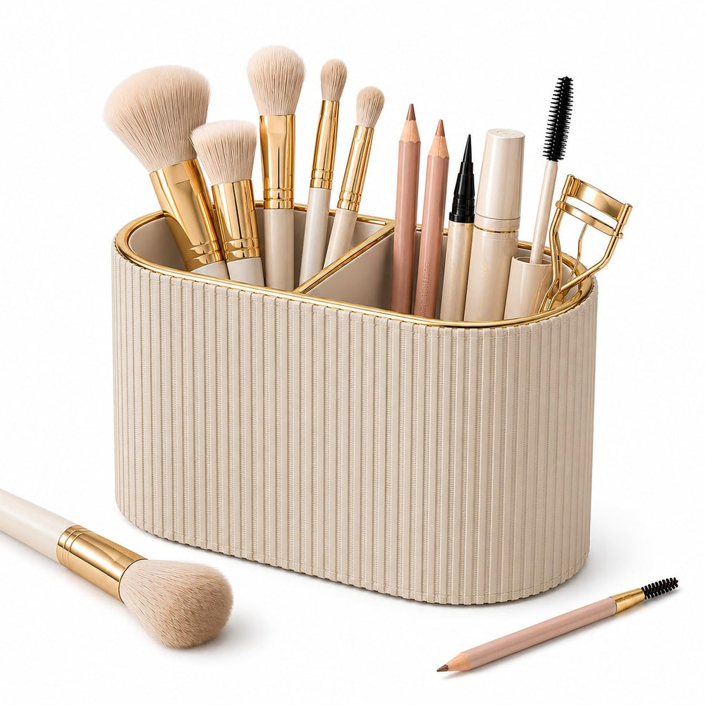GORESE front view of beige brush holder showing elegant trim and compact design