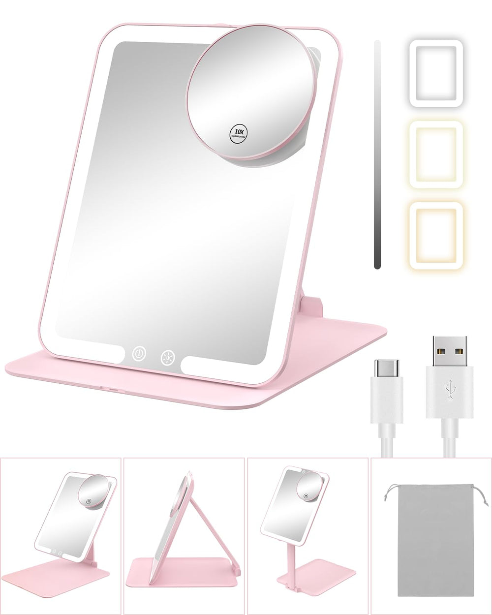 Gospire pink mirror front view showing lights and sleek frame benefit: clear reflection