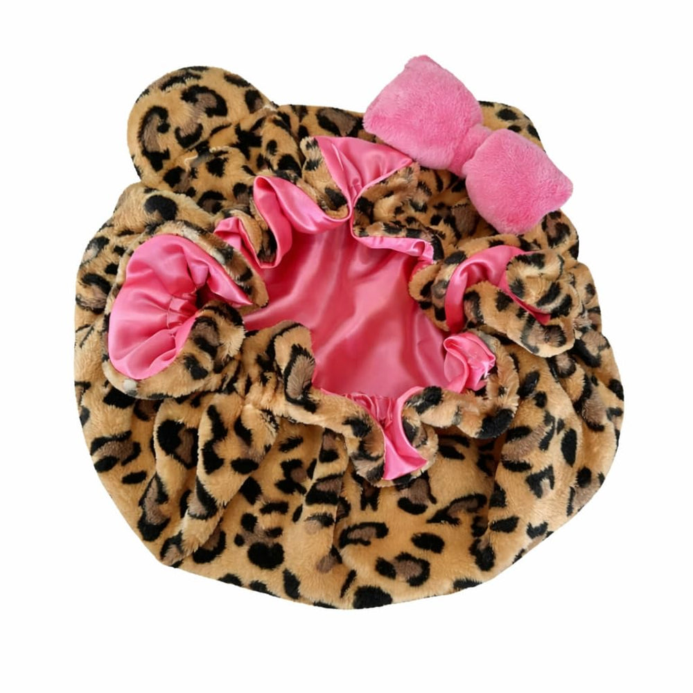 Grabitly leopard bonnet front view showing plush exterior and cat ears for stylish protection