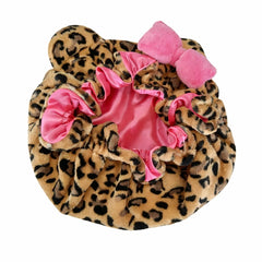 Grabitly leopard bonnet front view showing plush exterior and cat ears for stylish protection