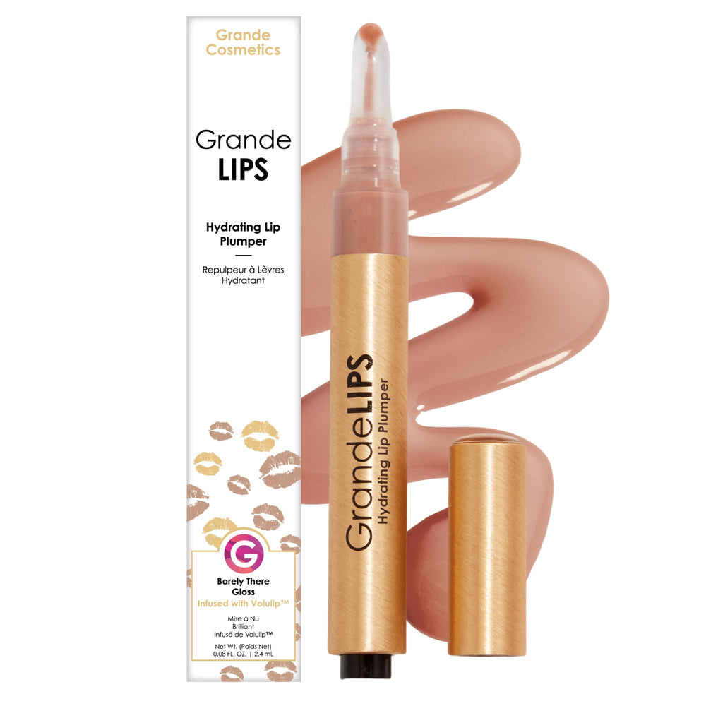Grande Cosmetics GrandeLIPS front packaging showing sleek tube and shade