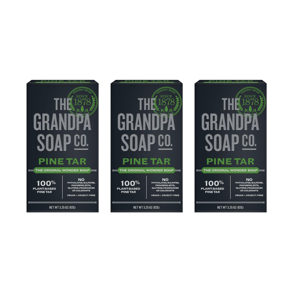Grandpa's Soap Company pine tar soap three-pack front packaging showing bars and branding benefit: reliable grooming