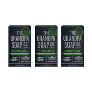 Grandpa's Soap Company pine tar soap three-pack front packaging showing bars and branding benefit: reliable grooming