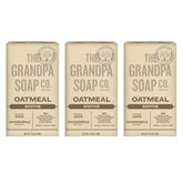 Grandpa's front packaging showing three oatmeal soap bars and clear labeling benefit
