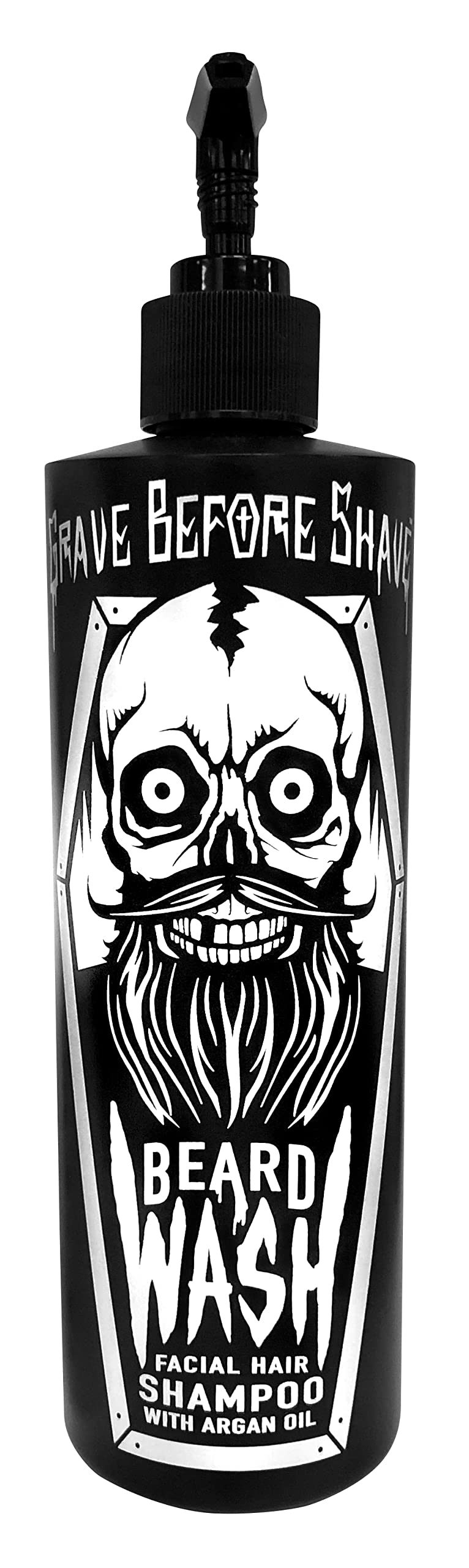 Grave Before Shave bottle front view showing pump and label, highlights easy dispensing