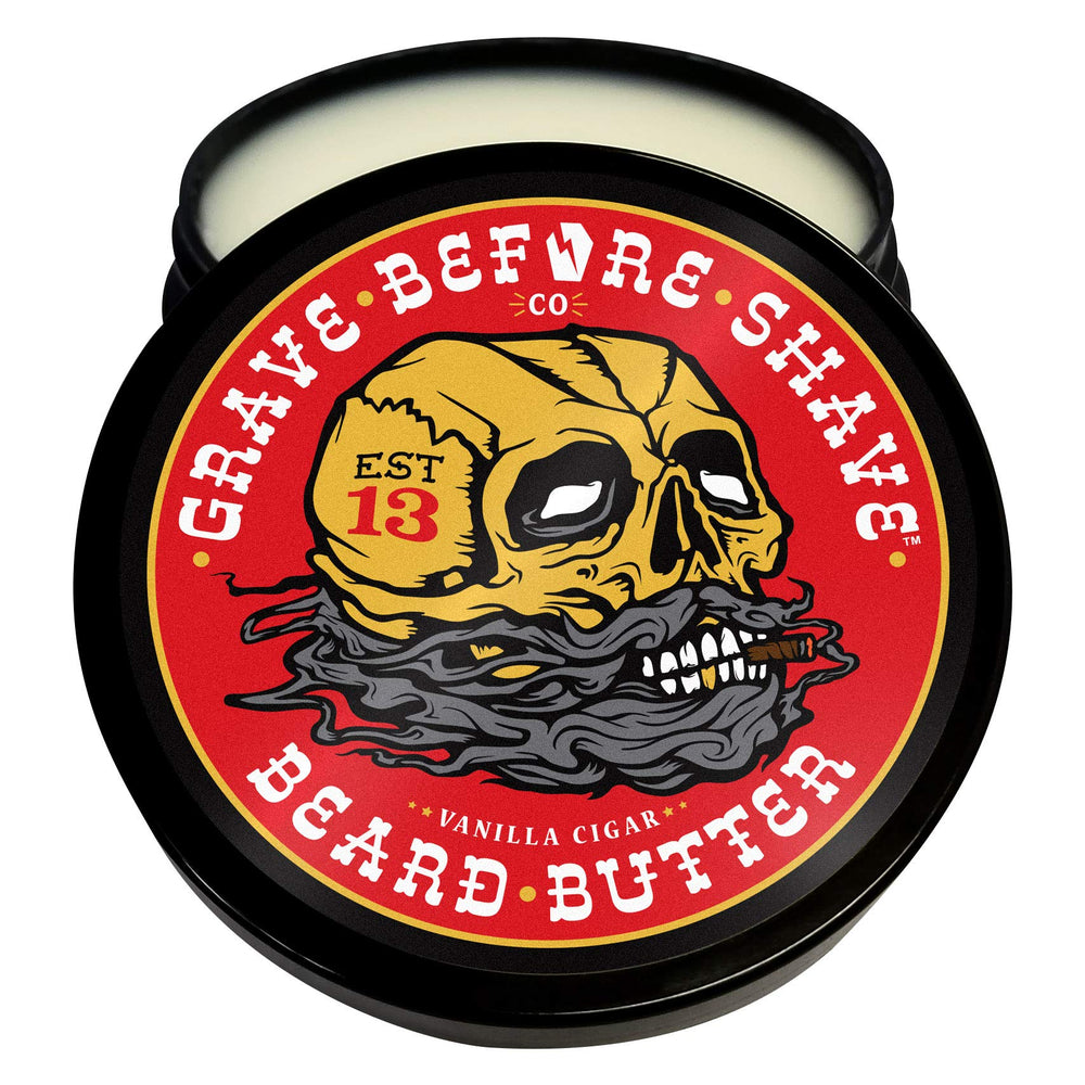 Grave Before Shave front jar showing cigar blend label and 4 oz size for clear product recognition and confidence