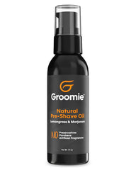 Groomie front packaging showing lemongrass pre-shave oil and benefits