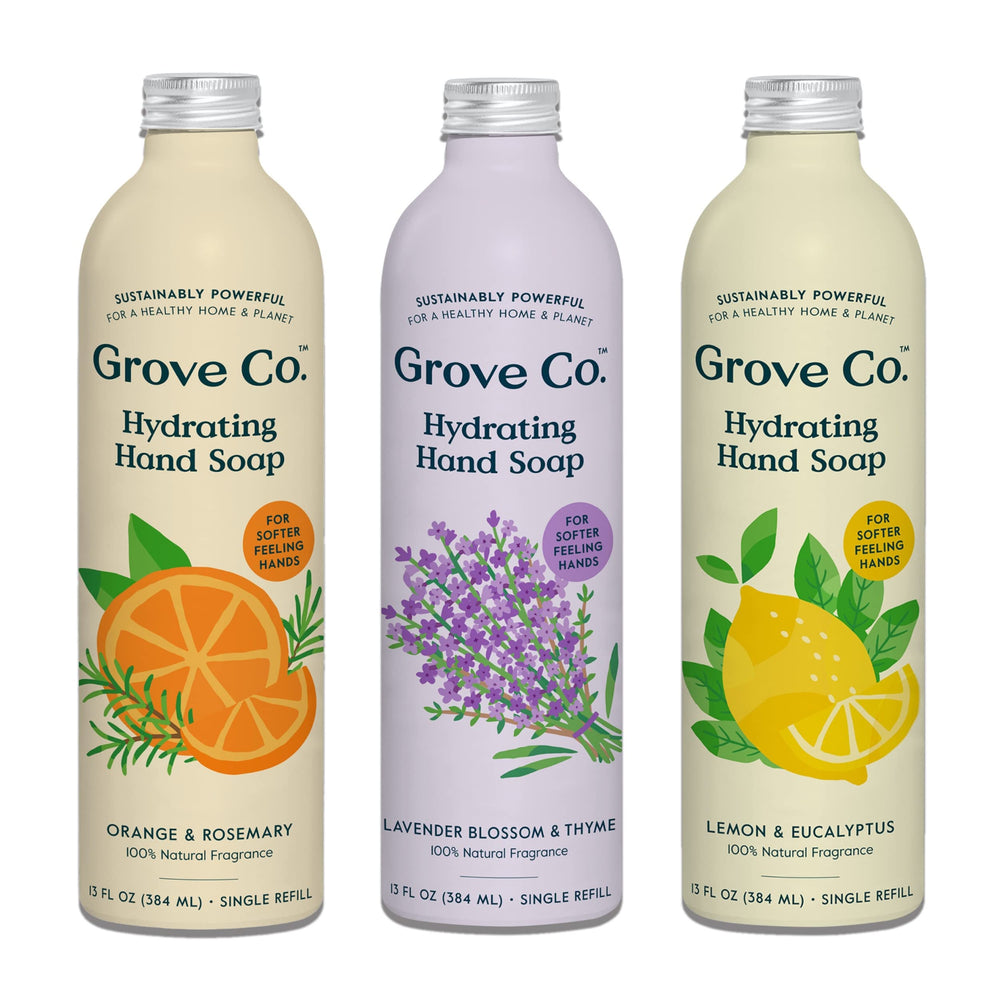 Grove Co. front pack shot showing three refill cans and scent variety benefits