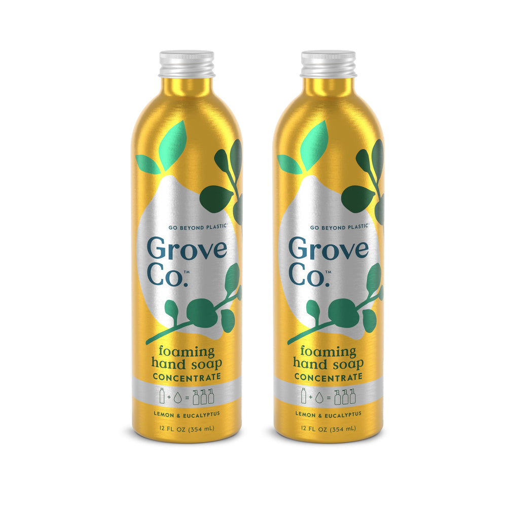 Grove Co. refill front packaging showing two 12 oz bottles and eco benefits