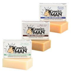 Grown Ass Man Co. front packaging showing eco-friendly 4oz shampoo bar benefits