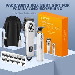 GTS PRO all accessories laid out including guards, cape, combs, brushes and USB cables