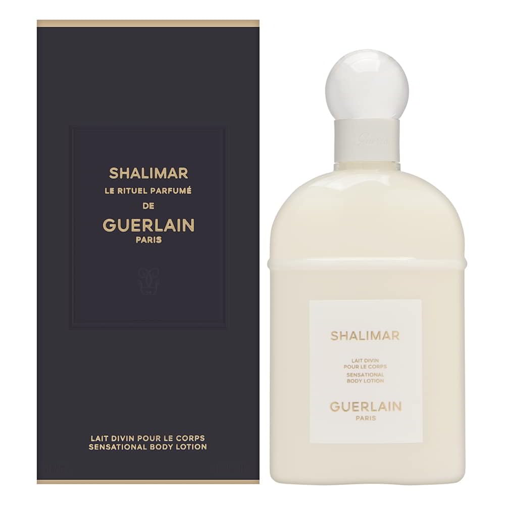Guerlain Shalimar front packaging shows elegant label and silky lotion benefit