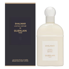 Guerlain Shalimar front packaging shows elegant label and silky lotion benefit