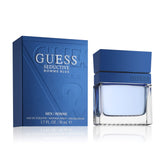 GUESS front bottle shot showing sleek blue glass and modern branding benefit: instant product recognition