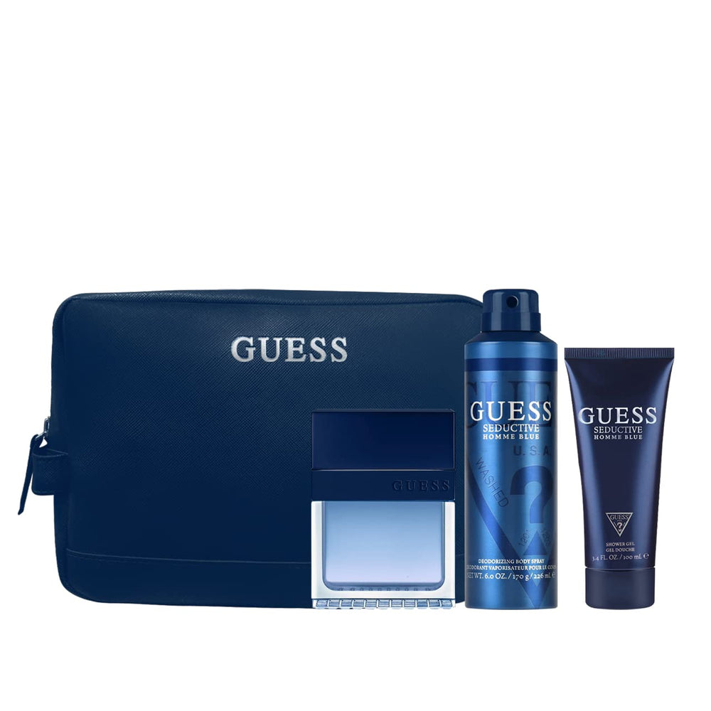 GUESS Seductive Homme Blue front packaging showing bottle and pouch, gift-ready