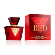 GUESS front bottle view showing red glass and sleek cap, conveys bold style