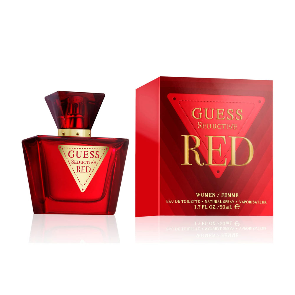 GUESS bottle front view showing red glass and bold branding, promises confident scent