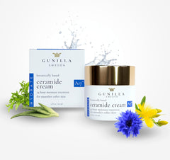 Gunilla Of Sweden key botanicals bowl showing aloe, cucumber, and jojoba for calming benefits