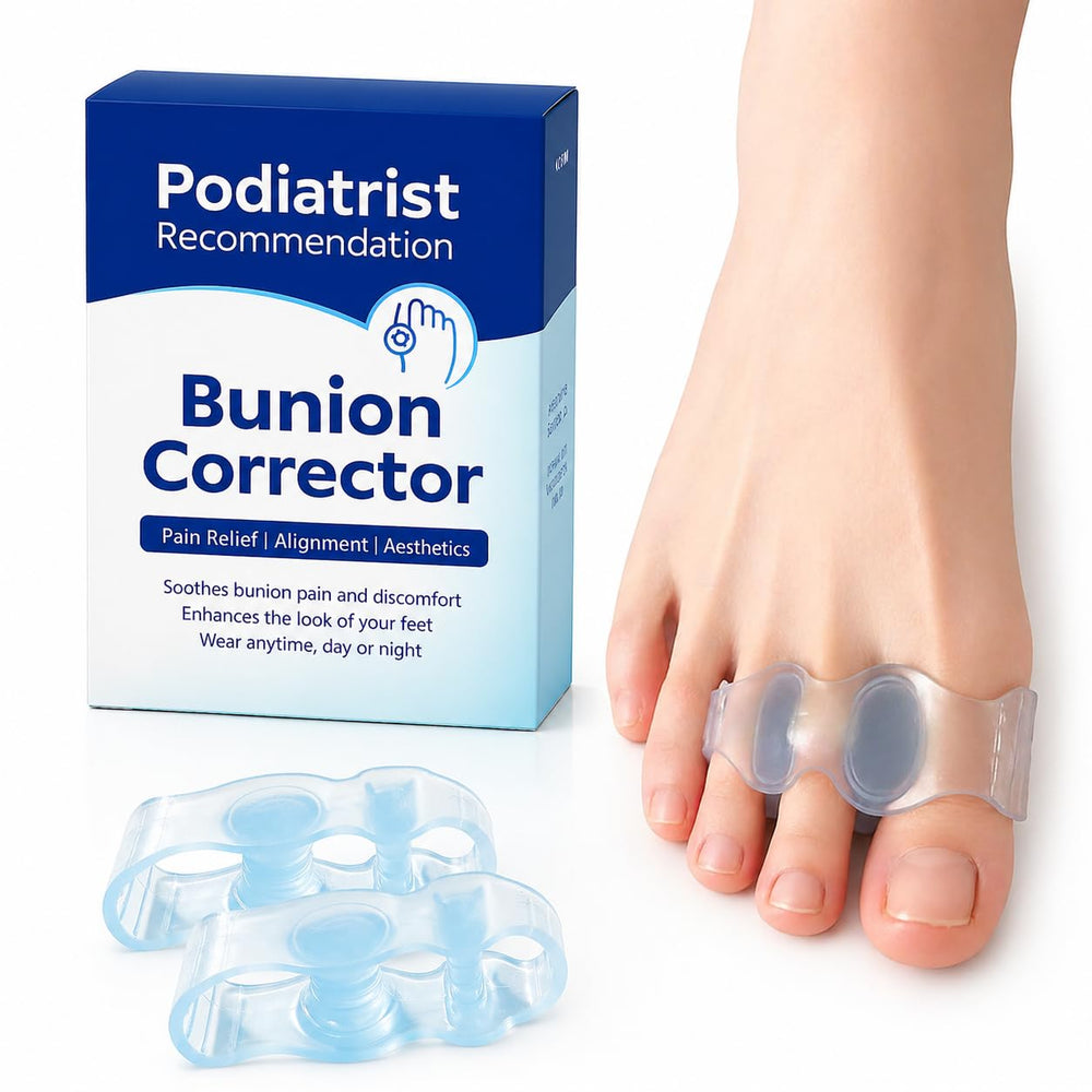 Habioer front view of blue bunion corrector showing shape and fit benefit