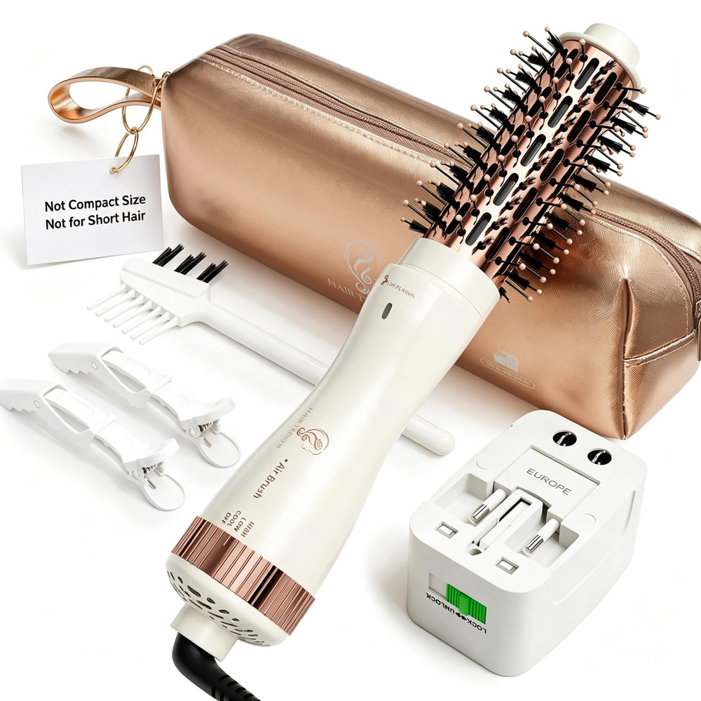 Hair Trends front view of hot air brush showing barrel and handle, effortless styling benefit