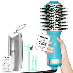 Hair Trends front view of compact travel hot air brush showing controls and shape, easy packing benefit