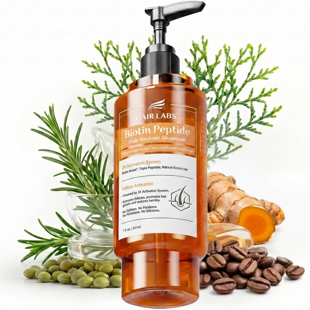 Hair Labs front packaging showing bottle and orange label for easy identification and trust