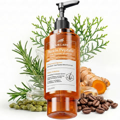 Hair Labs front packaging showing bottle and orange label for easy identification and trust