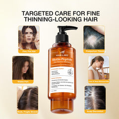 Hair Labs label close-up showing biotin, peptides and keratin callouts for ingredient clarity