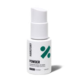 Hairstory powder front packaging showing compact pump and label for travel-friendly volume