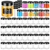Hajoyful clear jar front view showing full 48-pack and neat labels for easy storage