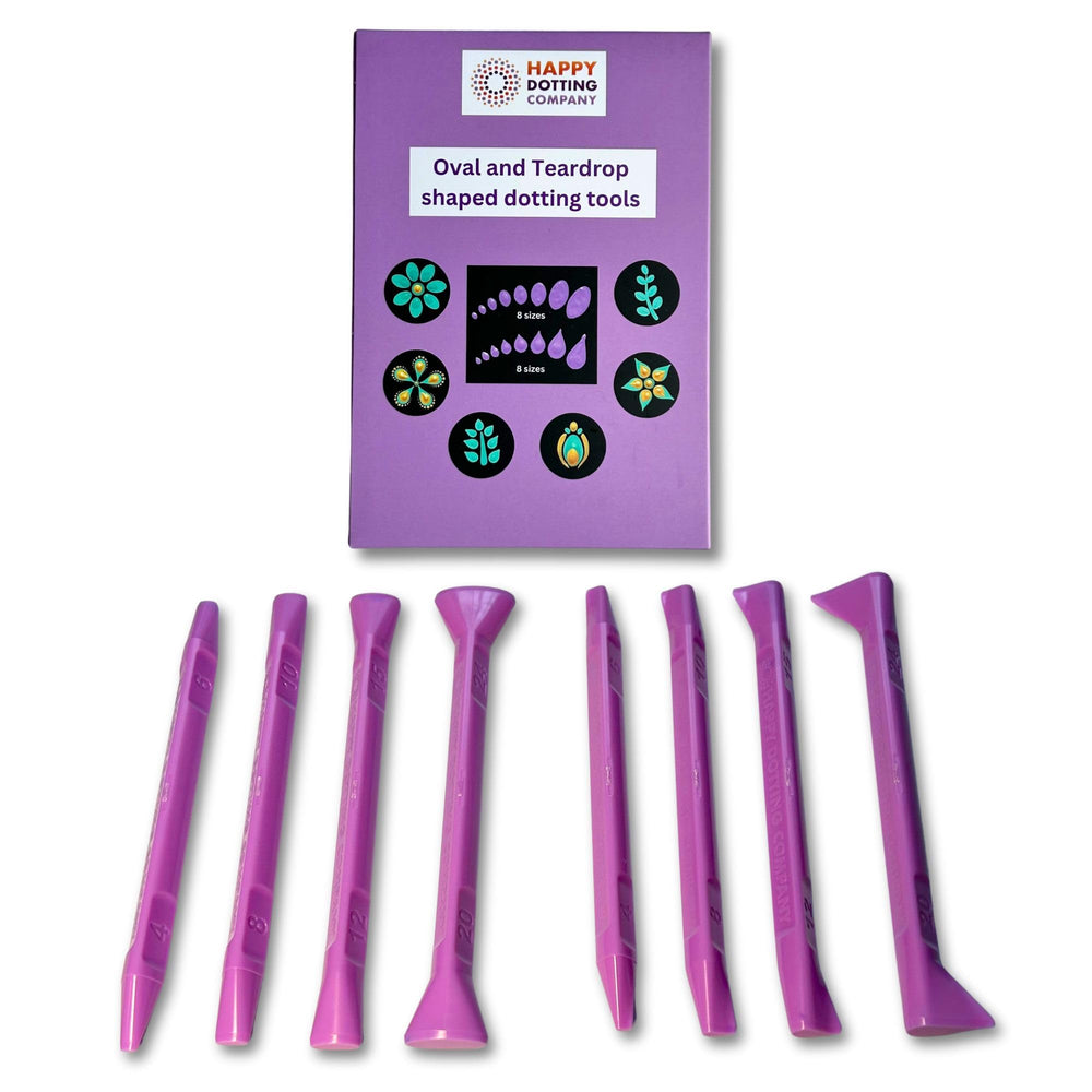 Happy Dotting Company front packaging showing 8 double-ended tools and benefits