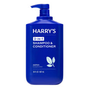 Harry's front bottle shot showing Aspen scent and easy-read label benefits