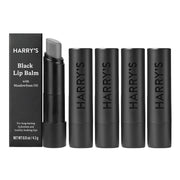 Harry's front packaging showing five sleek black balm tubes and modern design benefit: professional look